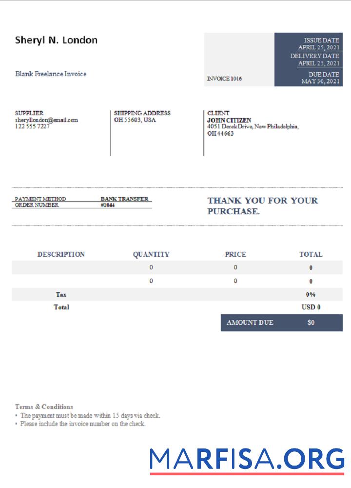 Realistic USA Sheryl N. London invoice sample